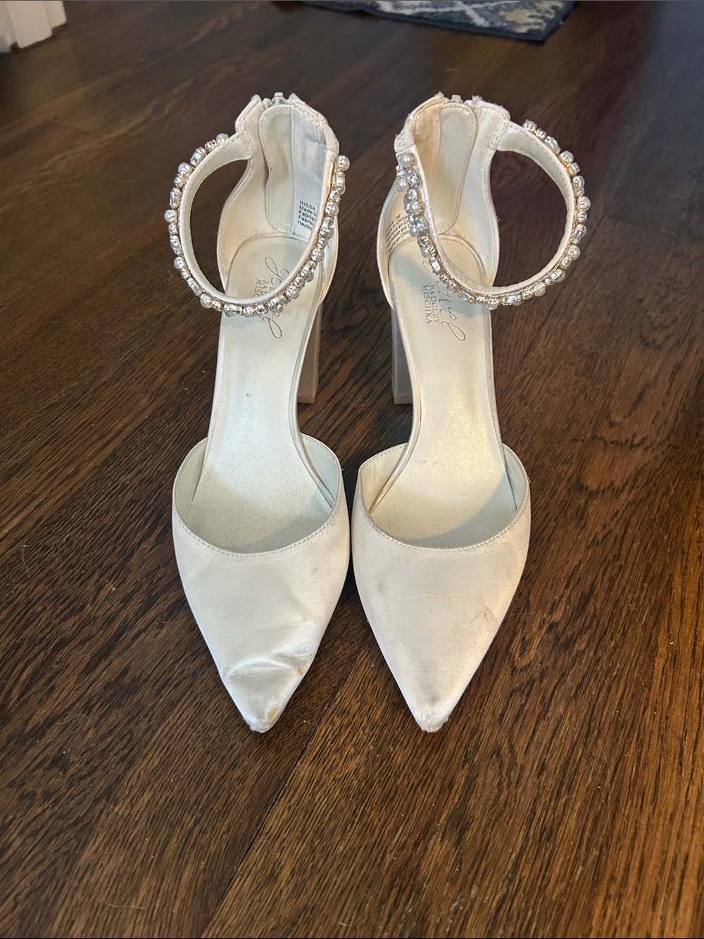 Jewel Badgley Mischka Ivory Satin Pointed Toe Heels with Crystal Ankle Straps